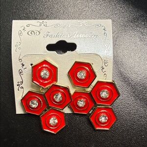 Hexagonal Red and Gold Earrings